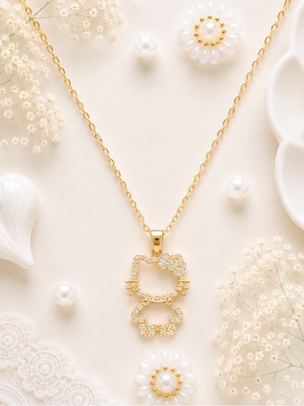 Sanrio Hello Kitty Gold Plated Rhinestone Metal Pendant Necklace